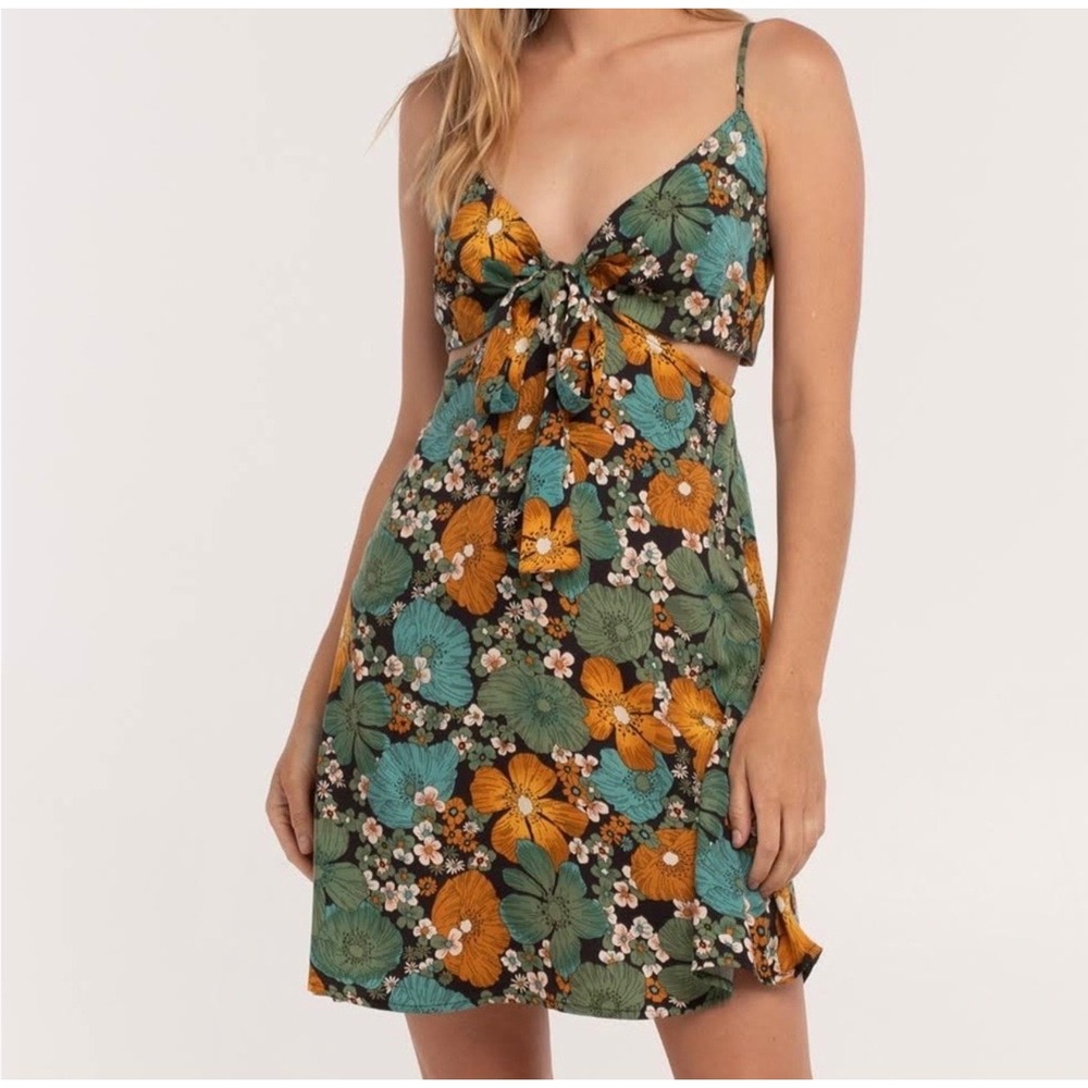 Volcom Luvely Daze Floral Mini Dress Teal Mustard Cut Out Tie Front Large